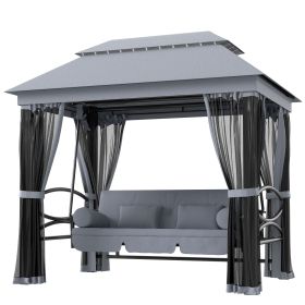 3-Seat Patio Swing Chair with Double Tier Canopy, Porch Swing Chair with Stand, Mesh Sidewalls, Cushioned Seat and Pillows, Gray 3-Seat Patio Swing Chair with Double Tier Canopy, Porch Swing Chair with Stand, Mesh Sidewalls, Cushioned Seat and Pillows, Gray