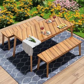 3 Pieces Acacia Wood Table Bench Dining Set For Outdoor & Indoor Furniture With 2 Benches, Picnic Beer Table for Patio, Porch, Garden, Poolside 3 Pieces Acacia Wood Table Bench Dining Set For Outdoor & Indoor Furniture With 2 Benches, Picnic Beer Table for Patio, Porch, Garden, Poolside