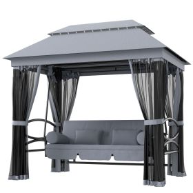 3-Seat Patio Swing Chair with Double Tier Canopy, Porch Swing Chair with Stand, Mesh Sidewalls, Cushioned Seat and Pillows, Gray 3-Seat Patio Swing Chair with Double Tier Canopy, Porch Swing Chair with Stand, Mesh Sidewalls, Cushioned Seat and Pillows, Gray