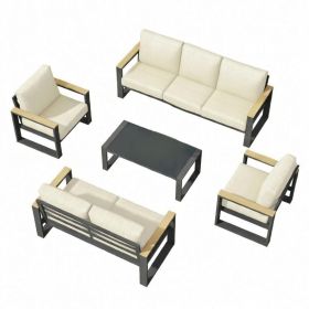 All-Weather 5-Piece Ultra Aluminum Patio Furniture Set, 7-Seat Conversation Sofa with 10 Inches Extra thick Beige Back Cushions and Glass Table All-Weather 5-Piece Ultra Aluminum Patio Furniture Set, 7-Seat Conversation Sofa with 10 Inches Extra thick Beige Back Cushions and Glass Table